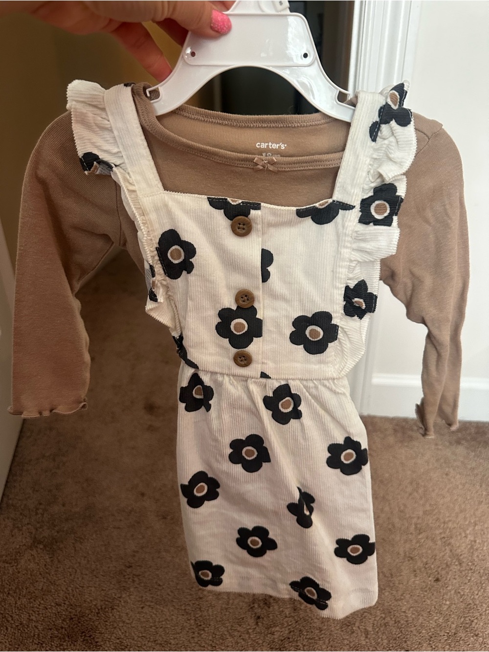 Carter's Cream Floral Pinafore Dress with Brown Long-Sleeve Top